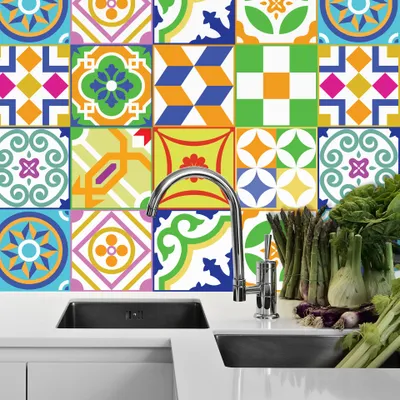 Produktbild von WALPLUS 24 Stück Hitzebeständige Fliesenfolie für Küche 15 x 15 cm zum Abziehen und Aufkleben Wasserfest Klassische Spanische Bunte Gemischte Fliesen Wandaufkleber Innenaufkleber