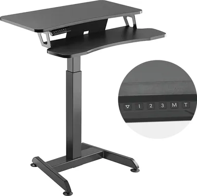 A black adjustable standing desk is shown against a white background.