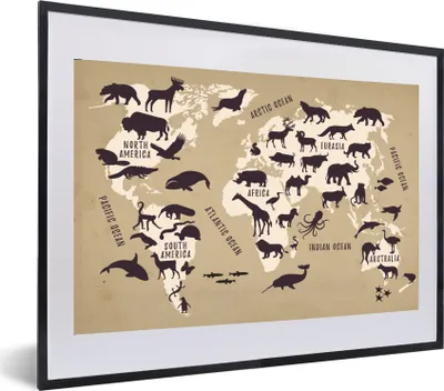 Produktbild von MuchoWow® MuchoWow® Gerahmtes Poster Weltkarte - Tiere - Welt 60x40 cm - Poster mit zchwarzem Bilderrahmen - Schlafzimmer - Plakat in Rahmen - Drucken