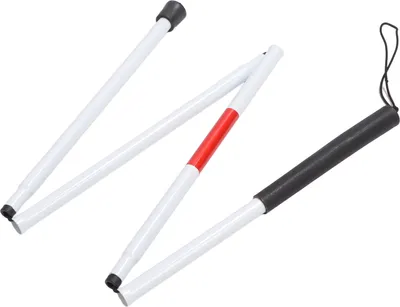 Produktbild von Blindenstock, zusammenklappbar, Aluminium, reflektierende Markierung, mit Handschlaufe, weißer Gehstock für sehbehinderte blinde Menschen