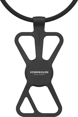 A black phone strap holder is shown against a white background.