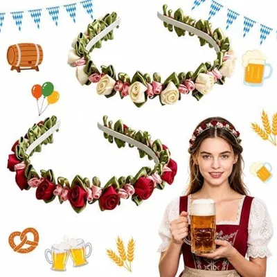 Produktbild von 2 Haarreifen für Damen zum  , Dirndl-Haarreifen mit Rosen für Frauen und Mädchen, geeignet für Hochzeiten, Karneval und Partys (Rot, Beige)