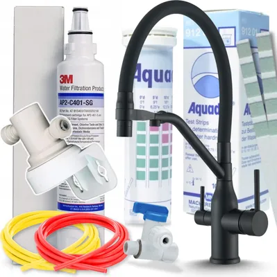Produktbild von 3-Wege Küchenarmatur Set Magneto Schwarz Matt mit Wasserfilter-Anschluss, herausziehbarer Brause, 360° schwenkbar