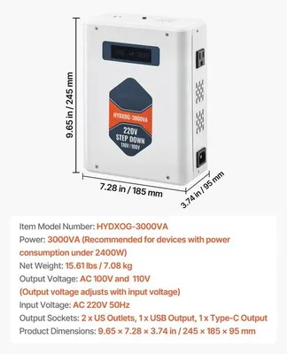 Produktbild von Spannungswandler - Step-Down Trafo - Von 220–230V auf 110–120V - Leistung 3000 VA - Zwei US-Steckdosen - USB-Ausgang - LCD-Display - Temperatur-/Überlastschutz