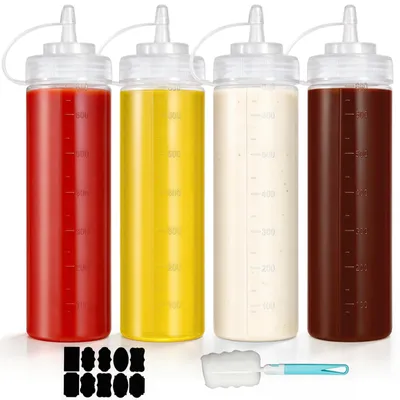 4 Quetschflaschen 680 ml, Soßenflaschen mit Deckel und Bürste