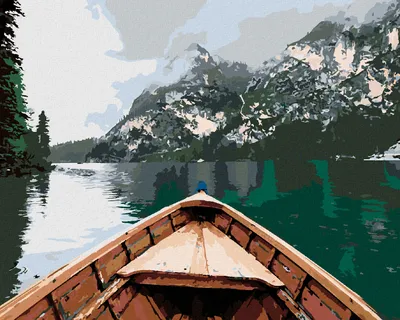 Image de Zuty - Peinture par numéros - BATEAU SUR LE LAC ET MONTAGNES DANS LE BROUILLARD, 40 x 50 cm, sans cadre et sans toile tendue