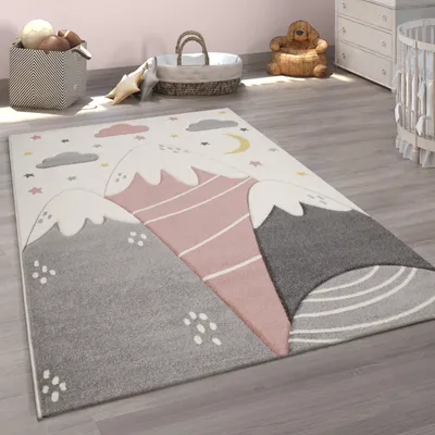 Produktbild von Paco Home Kinderteppich Teppich Kinderzimmer Junge Mädchen Berge Sterne Wolken 3D Effekt 133 cm quadrat