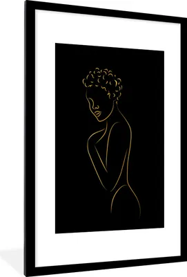 Produktbild von MuchoWow® Gerahmtes Poster Frau - Schwarz - Gold - Strichzeichnung 60x90 cm - Poster mit Schwarzem Bilderrahmen Wandposter Rahmen Foto Bilder - Dekoration - Wandposter Wohnzimmer - Hochwertig