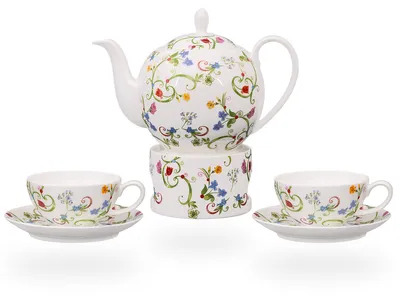 Produktbild von tea4chill Teeservice aus Fine Bone China Porzellan. Teekanne 1l Füllvolumen, 2 Teetassen 150ml und 2 Untertassen und Stövchen. Modell: Fleurette
