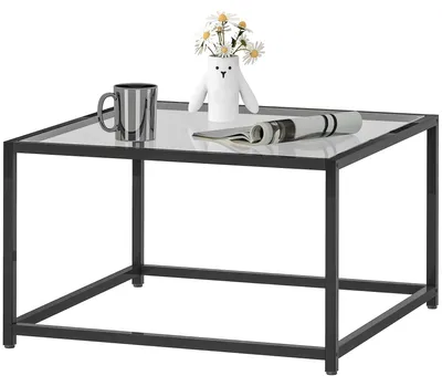 Produktbild von Kaffeetisch Wohnzimmertisch Industrial, Couchtisch Quadratisch Hartglas & Stahlrahmen, Schwarz  |  rutschfeste Fußpads  |  7 kg  |  68 x 68 x 39 cm