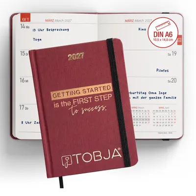 Produktbild von Taschenkalender 2027 A6 Bordeaux mit Goldprägung - 1 Woche 2 Seiten,Hardcover, 2 Lesebändchen