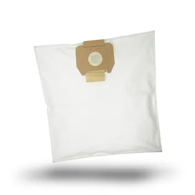 A vacuum cleaner bag floating against a white background with a shadow.
