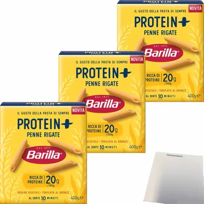 Produktbild von Barilla Penne Rigate Protein Plus 3er Pack (3x400g Packung) + usy Block