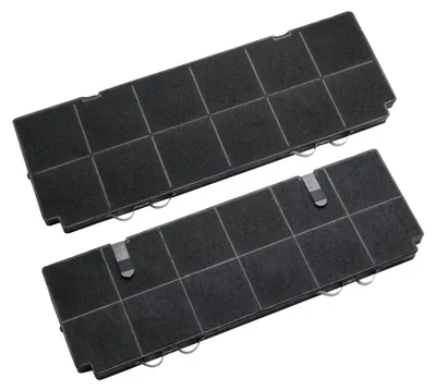 Two charcoal filters for a cooker hood, arranged diagonally on a white background.
