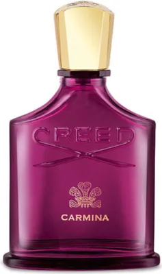 A studio shot of a purple Creed Carmina perfume bottle with a gold cap.