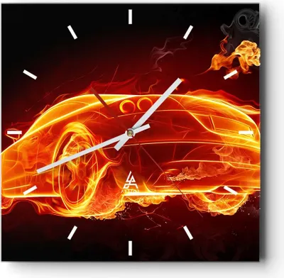 Produktbild von Wanduhr - Quadrat - Glasuhr - Auto Feuer Illustration - 30x30cm - Schleichendes Uhrwerk - Lautlos - zum Aufhängen bereit - Dekoration Modern - Wanddekoration aus Glas - C3AC30x30-0204
