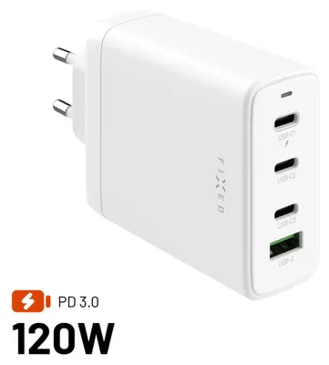 Obrázek produktu pro Síťová GaN nabíječka FIXED s 3× USB-C a USB výstupem, PD 3.0, 120 W, bílá