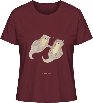 Produktbild von Mr. & Mrs. Panda Damen T-Shirt Otter Hände halten Größe L - Burgundy - Geschenk, Sommershirt, Basic Shirt, Oberteil, Liebe, Händchen, Paar, glücklich, Kurzarmshirt