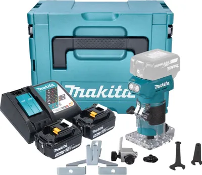 Produktbild von Makita DRT 52 RFJ Akku Kantenfräse 18 V 6 mm Brushless + 2x Akku 3,0 Ah + Ladegerät + Makpac