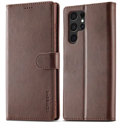 Obrázek produktu pro Pouzdro pro Samsung Galaxy S23 Ultra kožené flipové pouzdro s magnetickým uzávěrem a stojánkem, ochranné pouzdro hnědé