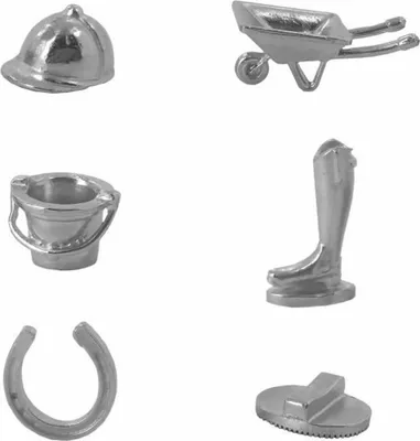 A collection of silver-colored game tokens, including a riding helmet, a wheelbarrow, a bucket, a riding boot, a horseshoe, and a brush.