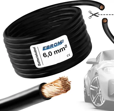 Produktbild von EBROM - FLY Fahrzeugleitung - KFZ Leitung – Batteriekabel SCHWARZ – Querschnitt 6 mm2 - Meterware – flexibel 90 ± 5 Shore - 99,9 % OFC Kupfer (VOLLKUPFER) Mantel Spezial PVC FLY FLRy