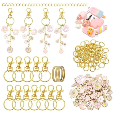 Immagine prodotto di Kit per creare portachiavi, composto da 224 pezzi, con 100 ciondoli rosa smaltati e 12 anellini per portachiavi