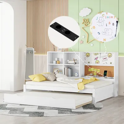 A child's bedroom with a white bed frame, pull-out trundle, and a bookshelf headboard. The headboard has a corkboard and whiteboard section with drawings and notes.