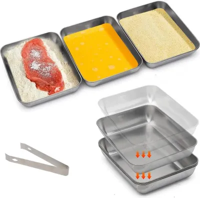 Produktbild von Panierschalen Set, 3-teilig - Panier-Set aus Edelstahl Schale zum Panieren/Schalen zum Panieren mit Clip/Stapelbar Metall Panierstraße Rechteckig(25 x 19 x 5 cm) (1)