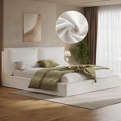 Image de Lit rembourré hydraulique Flieks 180 x 200 cm avec rangement, lit double avec tête de lit rembourrée, lit avec rangement, lit en bois pour adolescent, bouclé, beige
