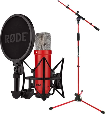 Zdjęcie produktu dla Mikrofon Rode NT1 Signature Red czerwony ze statywem w kolorze czerwonym