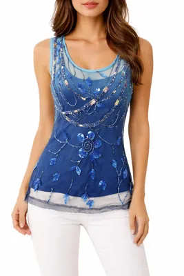 Produktbild von 035073 Damen Top Blau Gr. 36 – eleganter Abendtop mit dekorativen Steinen und Strass