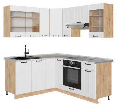 Image de Cuisine en angle Vicco Fame-Line Blanc campagne/Chêne de force doré 190 x 160 cm, PT Marbre, Model 57282