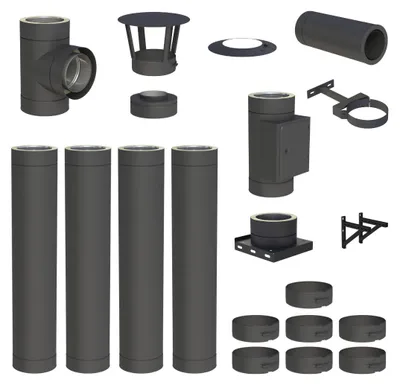 Produktbild von 4,8 m Edelstahlschornstein Ø 200 mm Komplettset doppelwandig DW-Black Wandmontage