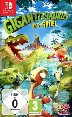 The cover art for the Nintendo Switch game 'Gigantosaurus: Das Spiel', featuring cartoon dinosaurs in a jungle environment with a volcano in the background.