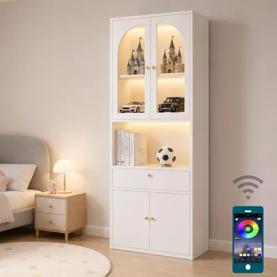 Produktbild von MODFU Glasvitrine 70×35×180 cm mit RGB-LED-Beleuchtung, Hochschrank mit gewölbten Glastüren und Stauraum, Bücherschrank Figurenschrank mit App-Steuerung, Weiß