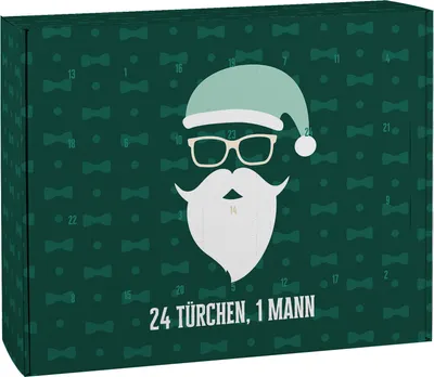 A green advent calendar box with a cartoon illustration of Santa Claus wearing glasses and a hat. The box has a pattern of bow ties and dots, and text at the bottom.
