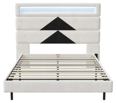 Produktbild von Polsterbett - Doppelbett - 140x190 cm - Kopfteil - Samt - Ohne Stauraum - Stil A - Beige
