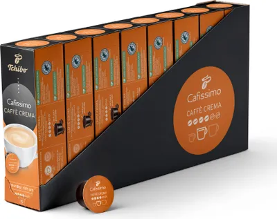 Produktbild von Tchibo Cafissimo Vorratsbox Caffè Crema vollmundig Kaffeekapseln, 80 Stück – 8x 10 Kapseln (Kaffee, ausgewogen und vollmundig), nachhaltig & fair gehandelt
