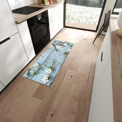 Produktbild von Küchenläufer 60 x 150 cm Blau rutschfest & waschbar – Küchenteppich Blüten auf blauem Holz PVC Teppichläufer Küche
