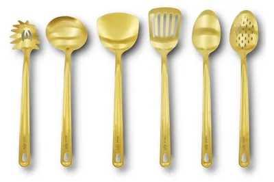 Produktbild von HOOZ 6-Teiliges Küchenutensilien Set, Edelstahl Küchengeschirr Set, Küchenhelfer Enthält 1x Suppenkelle, 2x Pfannenwender, 1x Schaumlöffel, 1x Spaghettilöffel, 1x Servierlöffel (Gold)