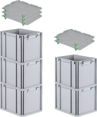 Produktbild von SparSet 5x Eurobox NextGen Economy mit Auflagedeckel und 4x Schiebeschnappverschlüsse Grün | Griffe geschlossen | HxBxT 32x30x40cm | 30 Liter | Eurobehälter, Transportbox, Transportbehälter, Stapelbehälter