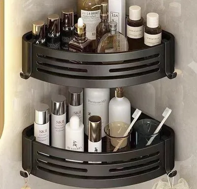 Produktbild von Aluminium Badkamer Organizer mit 4 Haken – Wasserfest & Korrosionsbeständig – Wandplank mit Hoher Kante – Schwarz