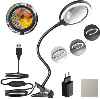 Produktbild von Unyqoos® LED-Lupenlampe mit 3‑facher Vergrößerung, dimmbar (6 Stufen), Tageslicht-LED, flexibler Schwanenhals, Klemme und USB-Anschluss