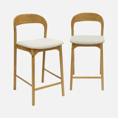 Immagine prodotto di Set 2 sgabelli da bar vintage in legno di hevea e tessuto, Marrone naturale