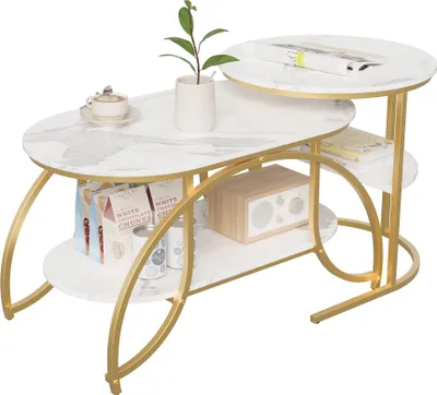 Zdjęcie produktu dla UnboxG Metalowy stolik kawowy - Stolik do salonu z miejscem do przechowywania - Stolik do salonu z dwiema półkami - Stolik rozkładany 46x80x45 cm/52x52x51 cm - Stolik kawowy w kolorze białym/złotym