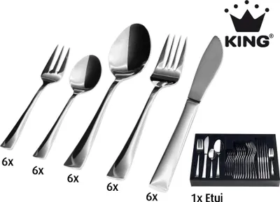Produktbild von 31tlg. KING® Besteckset Madrid im ETUI / Edelstahl 18/10 / 6x Menülöffel, 6x Menügabel, 6x Menümesser, 6x Kaffeelöffel, 6x Kuchengabel, 1x Etui