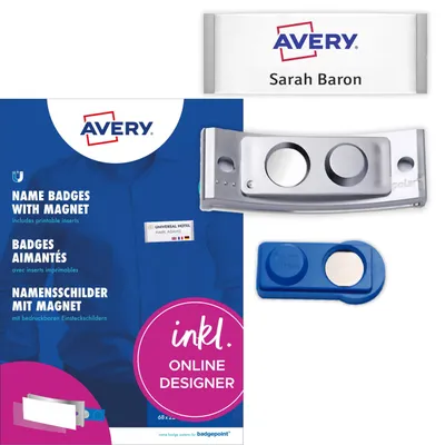 Produktbild von Avery Zweckform POL30MA66-10DR, Namensschilder, 70 x 30 mm, 10 Schilder / 36 Einsteckschilder / 2 Bögen