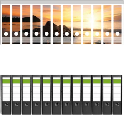 Produktbild von Wallario 12 Stück breite Ordner inkl. Klebeetiketten mit Motive Sonne über dem Meer mit Felsenlandschaft -  Set mit Rückenschildern / Ordnerrücken Stickern