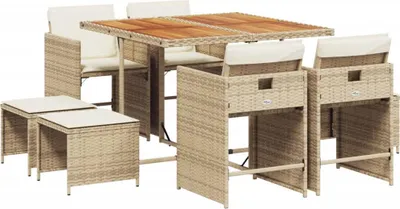 Produktbild von 9-tlg. Garten-Essgruppe mit Kissen Beige Poly Rattan